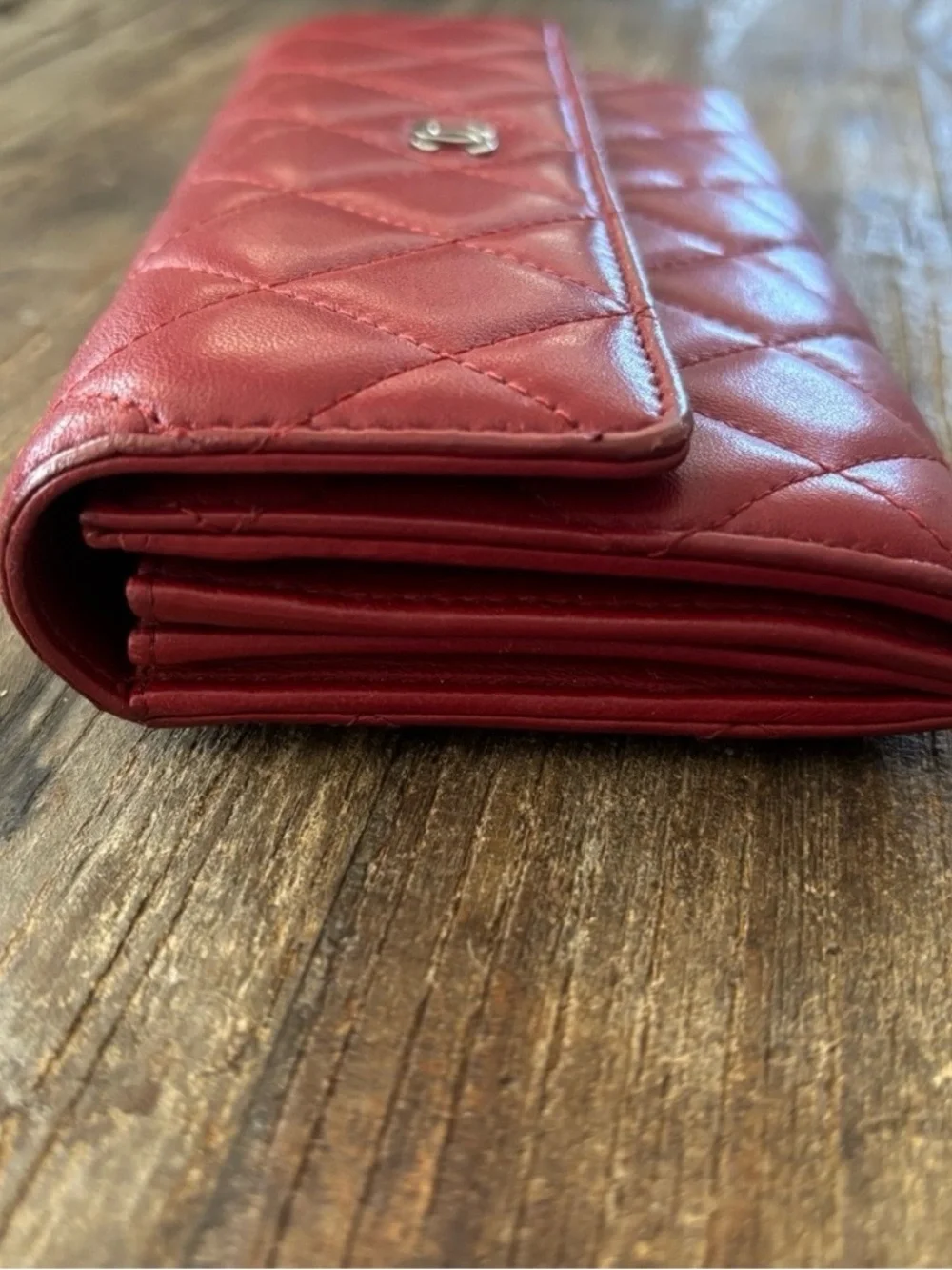 CHANEL Quilted Red Leather Wallet with Silver CC Emblem